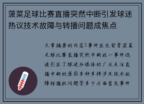 菠菜足球比赛直播突然中断引发球迷热议技术故障与转播问题成焦点